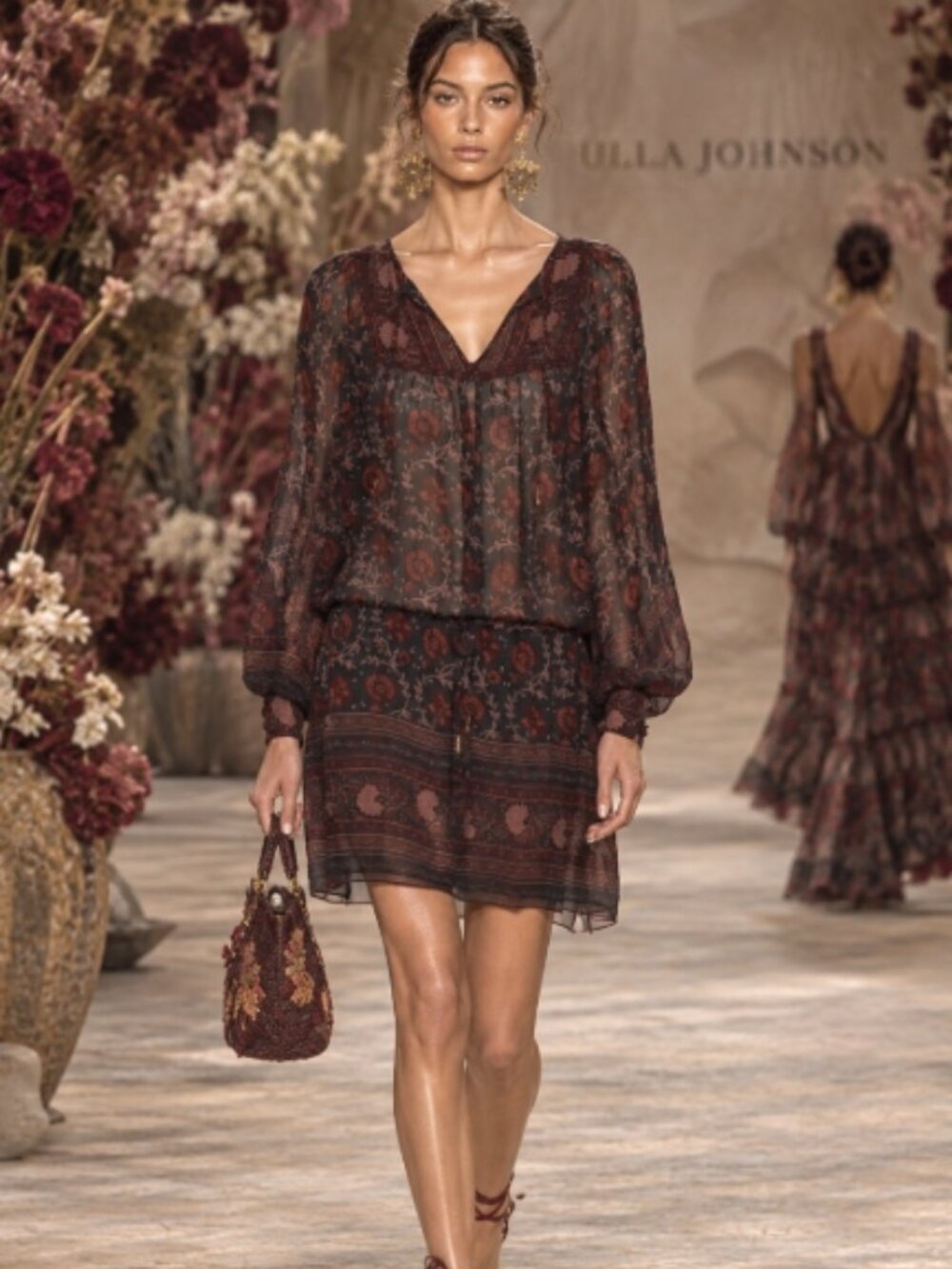 Ulla Johnson Brown Rust Silk Floral Aida Long Sleeves Mini Shift Dress XS/S $495